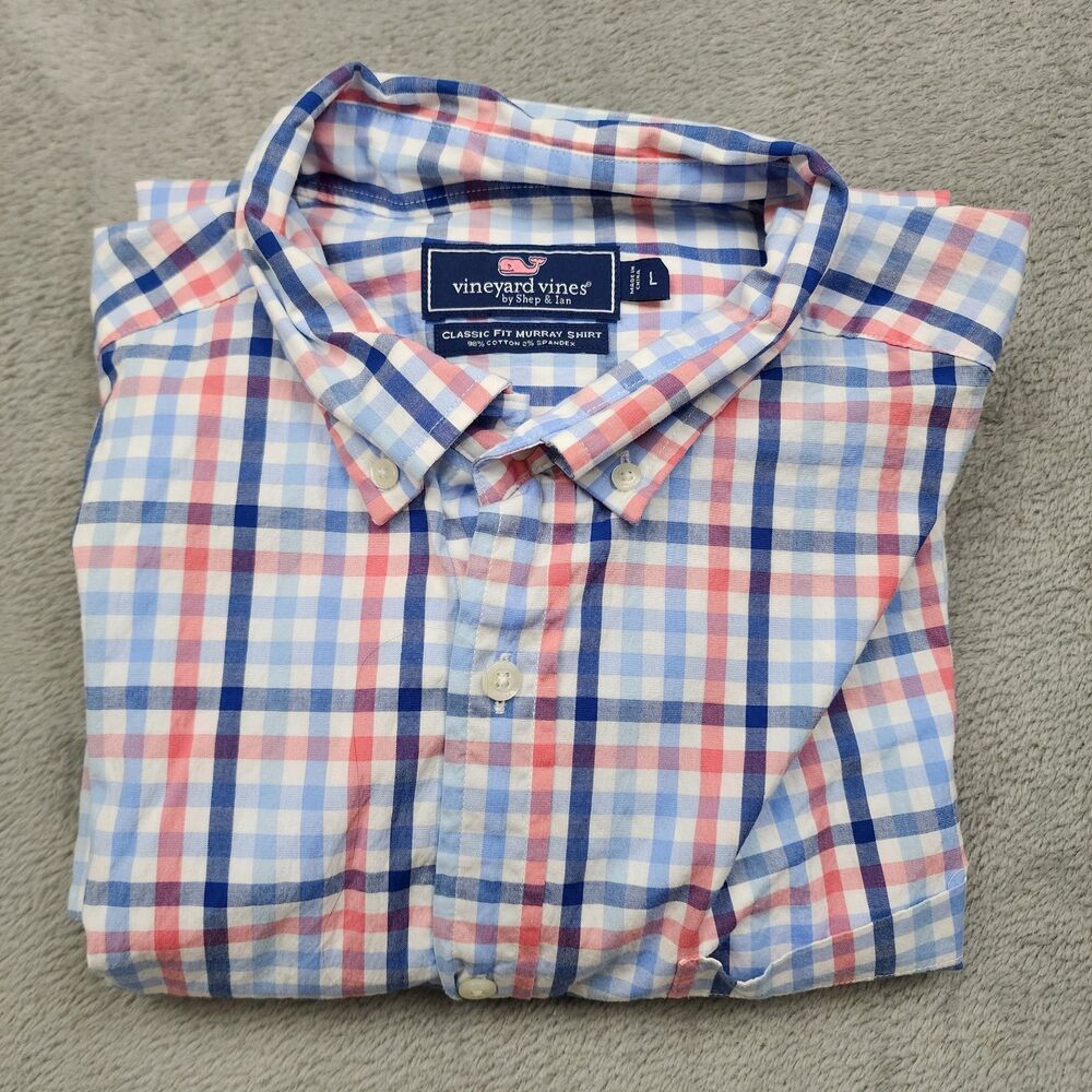 Vineyard Vines Men’s Classic Fit Murray Shirt Size L Red Blue White Plaid Stretc